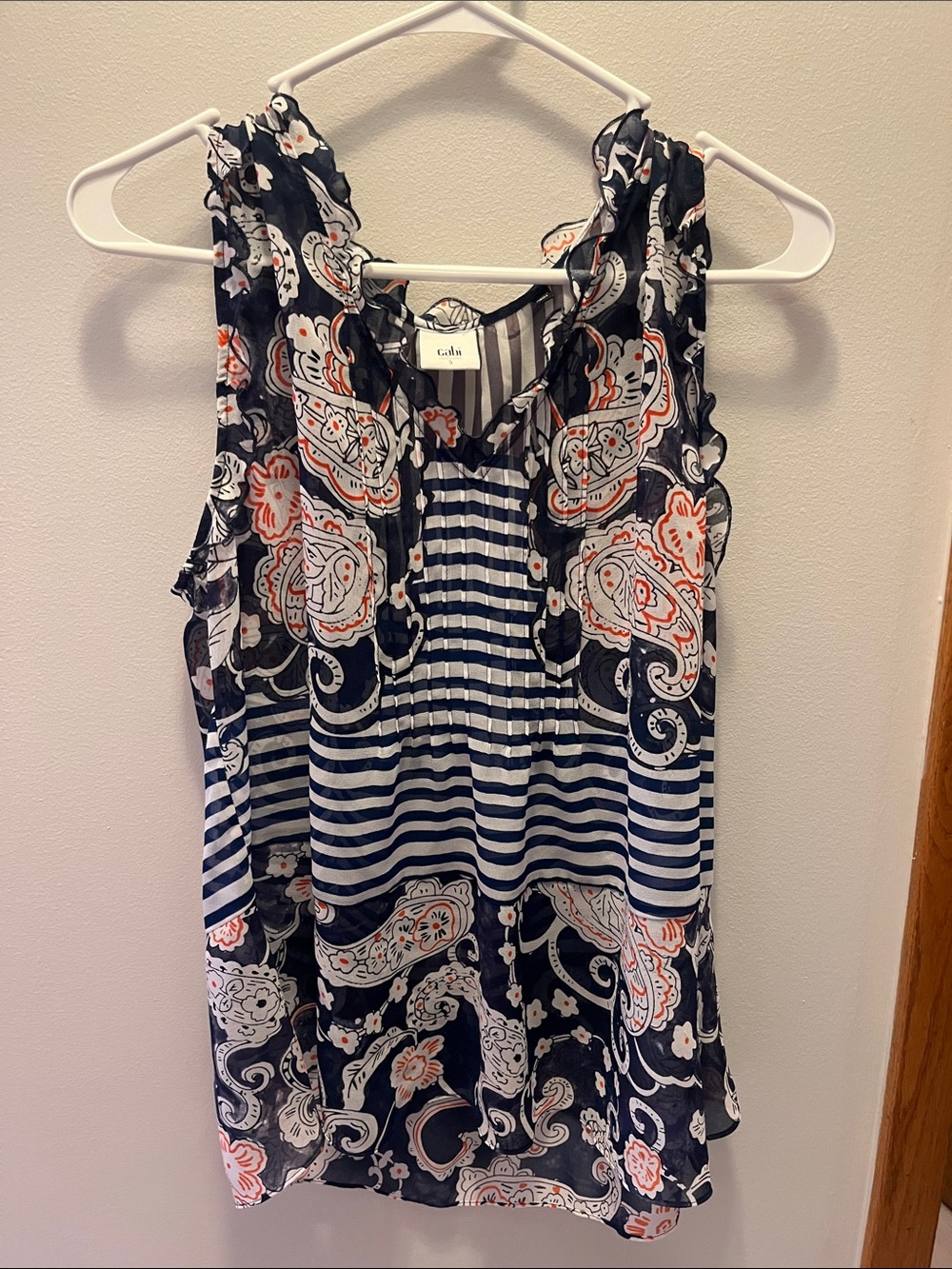 CAbi Navy Striped Paisley Sleeveless Blouse with Coral Accents